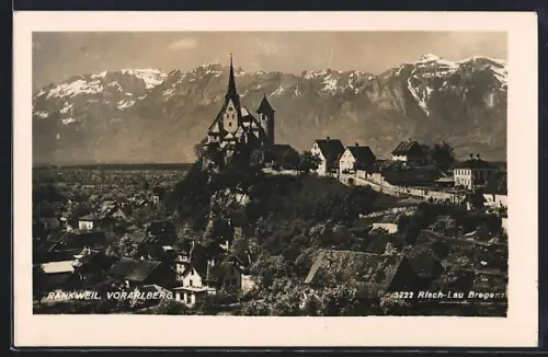 AK Rankweil, Ortsansicht mit Kirche und Alpengebirge