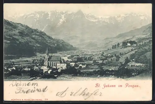 AK St. Johann im Pongau, Ortsansicht mit Kirche und Talblick