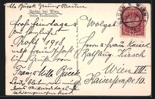 AK Baden, Ansicht der Ruine Rauhenstein