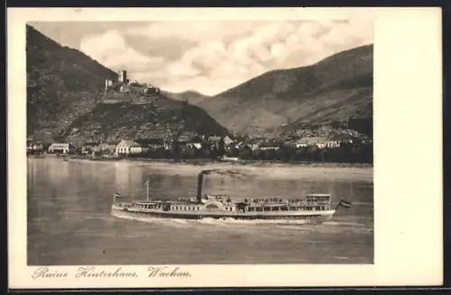 AK Wachau, Dampfschiff mit Blick auf die Ruine Hinterhaus