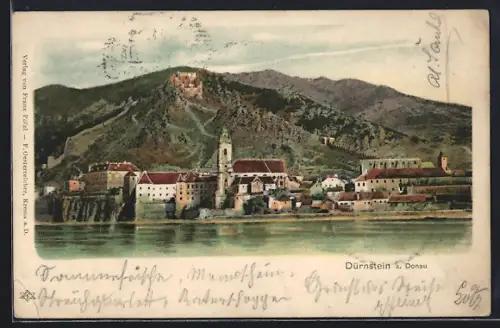 AK Dürnstein a. Donau, Uferpartie mit Blick ins Gebirge