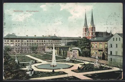 AK Salzburg, Der Mirabellgarten und Blick zur Kirche