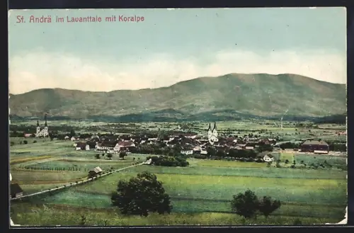 AK St. Andrä im Lavantthale, Ortsansicht mit Koralpe