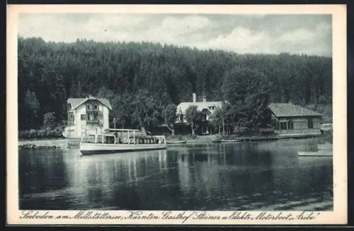 AK Seeboden am Millstättersee, Gasthof Steiner vom Wasser aus gesehen, Elektr. Motorboot Aribo