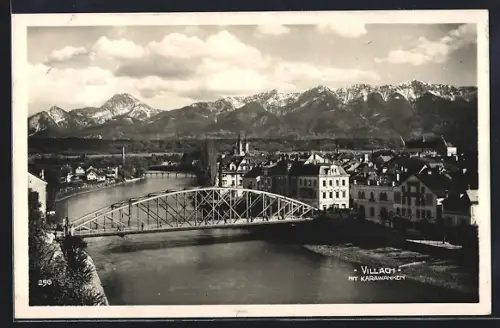 AK Villach, Draupartie mit Brücke, Karawanken