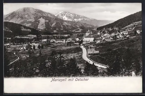 AK Mariazell mit Oetscher, Ortsansicht mit Kirche