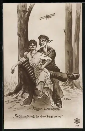 AK Flieger-Beobachtung, Fietje, musst nicht, da oben kiekt ener..., Soldatenhumor, Flugzeug, Kriegsschiff