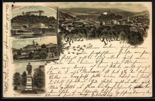 Lithographie Greiz, Ortsansicht, Oberes und Unteres Schloss