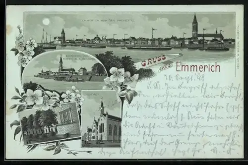 Mondschein-Lithographie Emmerich, Ortsansicht von der Rheinseite, Hafen, Convict, Gymnasium