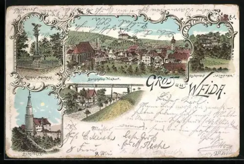 Lithographie Weida / Thür., Krieger Denkmal, Oschützthal Viadukt, Restaurant Alpenrose