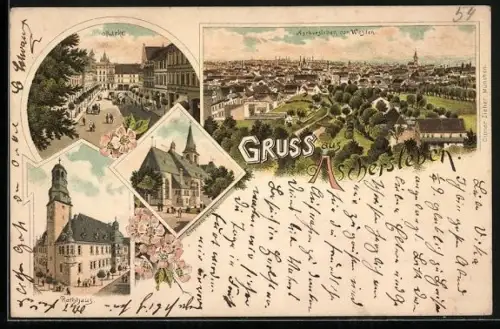 Vorläufer-Lithographie Aschersleben, 1895, Markt, Rathaus, Ortsansicht von Westen