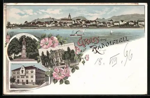 Lithographie Radolfzell, Rathaus, Villa Schiesser, Scheffeldenkmal, Ortsansicht