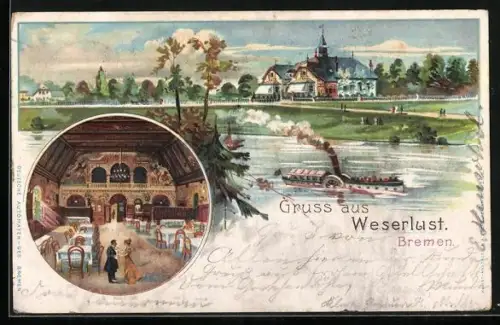 Lithographie Bremen, Gasthaus Weselust mit Dampfer
