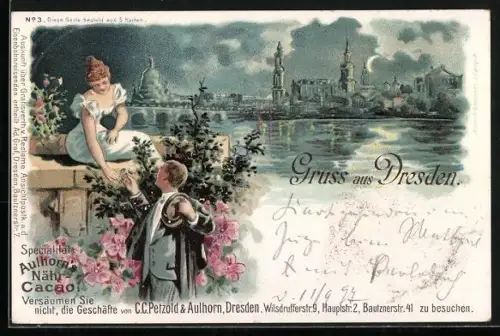 Mondschein-Lithographie Dresden, Panorama im Vollmondlicht, Reklame Aulhorn`s Nähr-Cacao