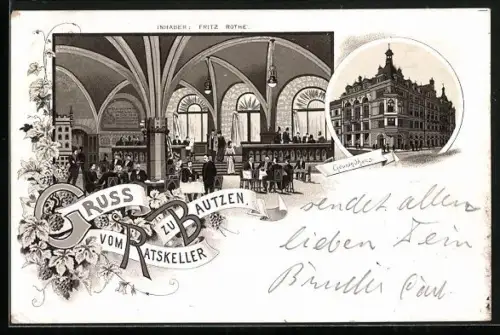 Lithographie Bautzen, Gasthaus Ratskeller zu Bautzen, Inh.Fritz Rothe, Gewandhaus