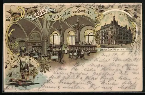 Lithographie Bautzen, Gasthaus Ratskeller zu Bautzen, Inh. Carl Pässler