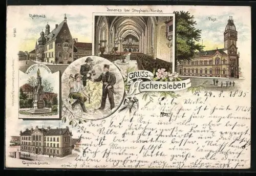 Vorläufer-Lithographie Aschersleben, 1895, Rathhaus, Post, Krieger-Denkmal, Inneres der Stephani-Kirche