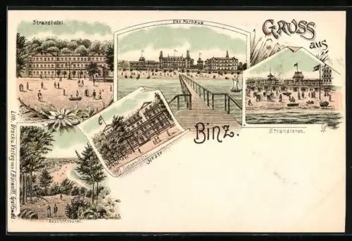 Lithographie Binz, Strandhotel, Kurhaus, Ostsee-Hotel, Aussichtspunkt