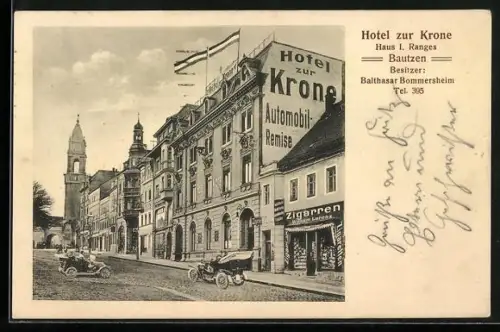 AK Bautzen, Hotel zur Krone, Inh. Balthasar Bommersheim, Zigarren William Lorenz