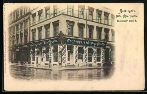 AK Berlin, Gasthaus Aschingers 10te Bierquelle, Hackescher Markt 5, Fassade mit nasser Strasse