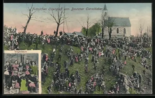 AK Bautzen, Bautzner Eierschieben, Gruppenfoto von Kindern mit ihrer Siegesbeute