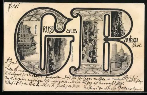 Grusskarten-AK Bautzen, Realschule, Alte Wasserkunst, Blick von der Nordseite