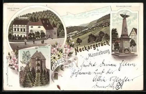 Lithographie Neckargerach, Hotel Krone (Post), Minneburg, Kriegerdenkmal, Ortsansicht