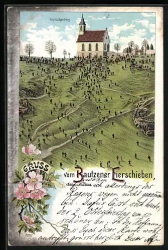 Lithographie Bautzen, Eierschieben an der Kirche auf dem Proitschenberg