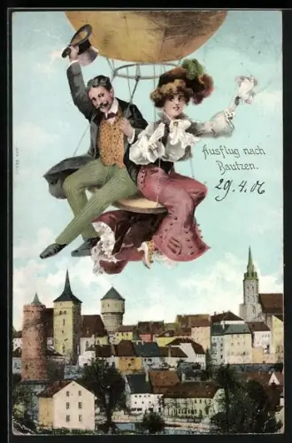 AK Chemnitz, Fliegende Menschen im Ballon über dem Kaiser-Cafe