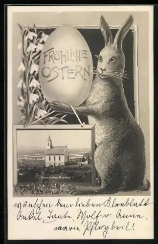 AK Bautzen, Eierschieben vor einer Kirche, Osterhase mit Ei, Grusskarte, Ostergruss