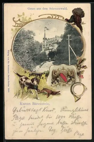 Passepartout-Lithographie Bärenstein / Schwarzwald, Kurhaus, Ornament-Rahmen, Jagdhund, Vogel u. Hase, Posthorn, Wappen