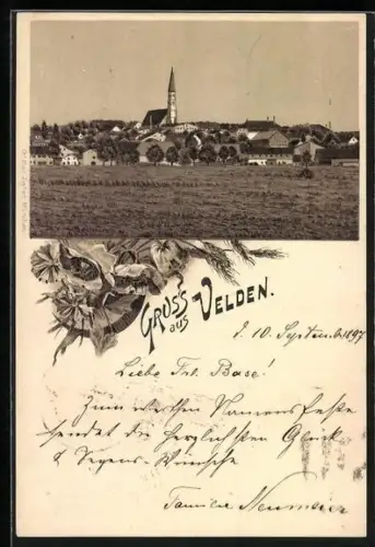 Lithographie Velden / Vils, Ortspanorama von einer Wiese aus, Blumen