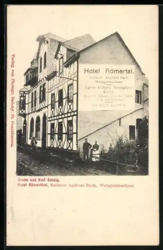 AK Bad Salzig, Hotel Römerthal A. Bach, mit Soldat und Wirtin