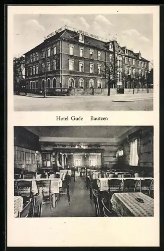 AK Bautzen, Hotel Gude mit Strasse u. Innenansicht