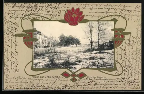 AK Zehlendorf, Ecke der König- u. Doppelstrasse im Winter, Ornament-Rahmen, Seerose