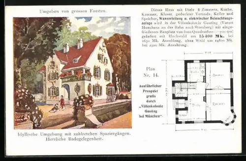 AK Gauting, Villenkolonie Gauting, Gundriss einer Villa Plan Nr. 14, Aussenansicht