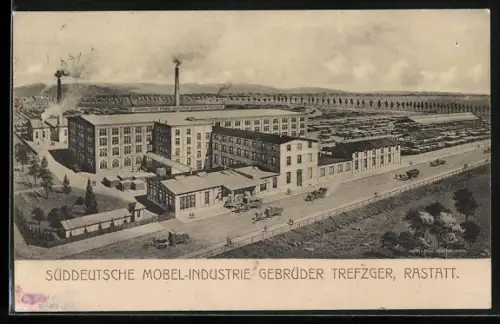 AK Rastatt, Süddeutsche Möbel-Industrie Gebrüder Trefzger, Fabrikanlage mit Strasse aus der Vogelschau