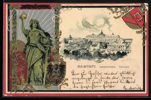 Passepartout-Lithographie Rastatt, Grossherzogl. Schloss, Germania mit Zepter, Wappen