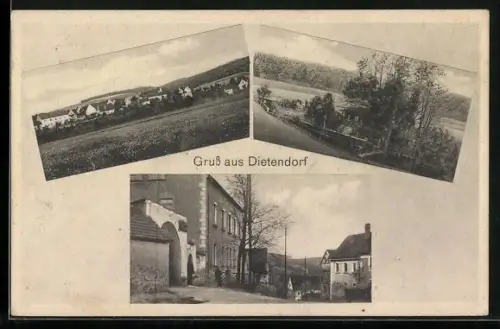 AK Dietendorf / Droyssig, Ortspartie mit Torbogen am Gasthof zu den drei Linden, Ortspanorama
