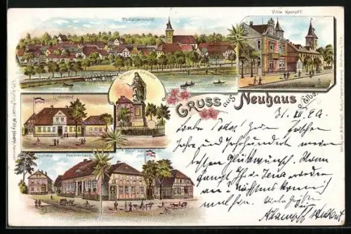 Lithographie Neuhaus /Elbe, Gasthaus Lindenhof, Hotel zur Post mit Pastorenhaus u. Apotheke, Villa Kampff