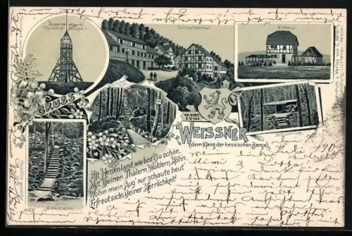 Lithographie Meissner /Hessen, Seesteine, Aussichtsturm, Schwalbenthal, Viehaus, Wappen