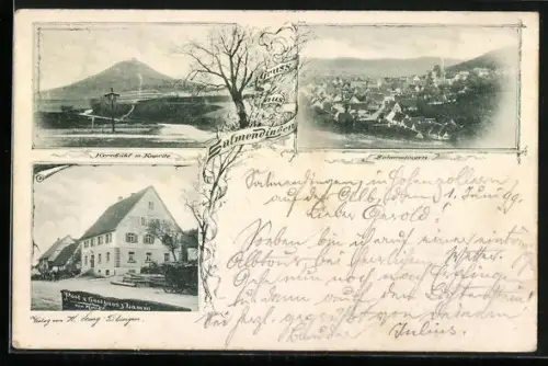 AK Salmendingen, Gasthaus z. Lamm Maier und Post, Totalansicht, Kornbühl mit Kapelle