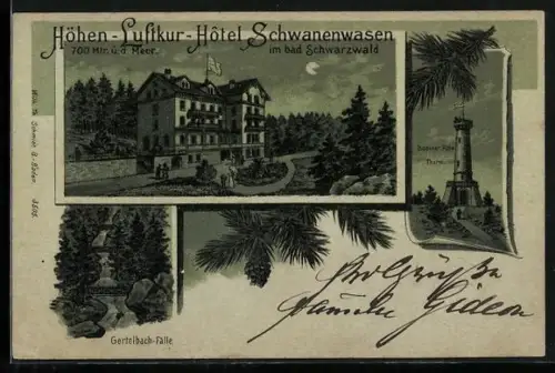 Lithographie Bühl-Sand / Baden, Hotel Schwanenwasen, Turm auf der Badener Höhe, Gertelbach-Fälle