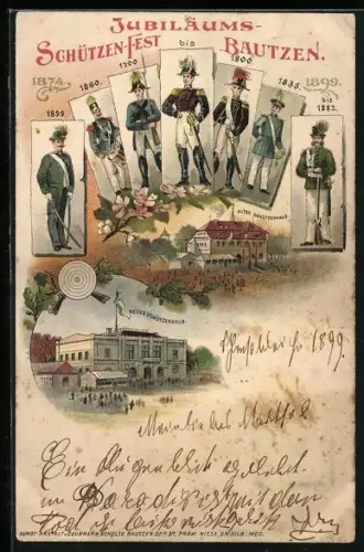 Lithographie Bautzen, Jubiläums-Schützenfest 1899, Neues Schützenhaus, Schützenkönige, Schiessscheibe