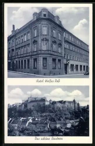 AK Bautzen, Hotel Weisses Ross W. Lindner mit Strasse, Totalansicht mit Festung