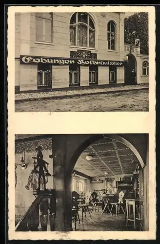 AK Aschersleben, Gasthaus Hofbräu-Keller / Bahnhofs-Hotel C. Holle, Fassade mit Garteneingang, Innenansicht