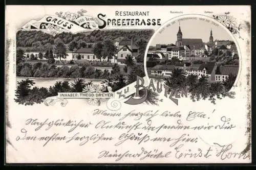 Lithographie Bautzen, Restaurant Seeterrasse T. Dreyer vom Wasser aus, Teilansicht der Stadt vom Restaurant aus