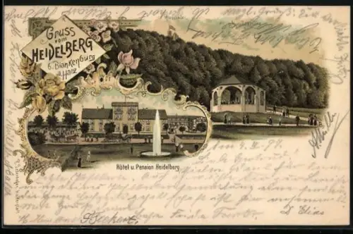 Lithographie Blankenburg a. Harz, Hotel u. Pension Heidelberg mit Fontäne und Pavillon