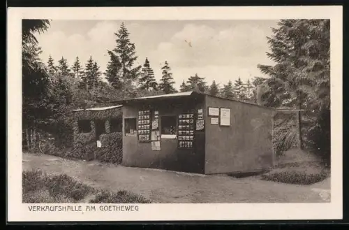 AK Brocken, Verkaufshalle am Goetheweg, Kiosk mit AK-Verkauf, Strasse, Ansichtskartengeschichte