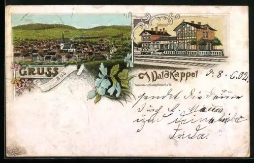 Lithographie Waldkappel, Bahnhof, Gesamtansicht, Blumen